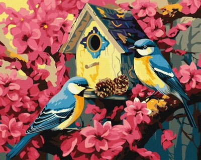 Картина за номерами Затишна шпаківня птахів у квітах 40x50 Ідейка (KHO6562) KHO6562 фото
